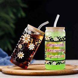Tumblers 3d Print 16oz Glass Cup Water Bottles With Bamboo Lid Straw Libbey Summer Coffee Leopard Flowers H240425