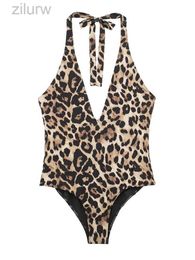 Sexy Pyjamas Leopard Print Halter Swimsuit For Women Summer 2024 New Sexy Slim Fit Sleeveless One Piece Bodysuit Female Swim Trunks XX187 d240425