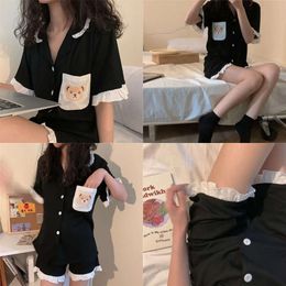 Women's Qweek Pamas Suits with Shorts Korean Style Bear Embroidered Lapel Pijamas Summer Night Home Suit Room Wear Pyjamas 220329