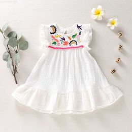 Girl's Dresses Infant Baby Girls Cotton Linen Dresses Pleated Short Sleeve Delicate Embroidery Swing White Dress Summer Leisure DressL2404