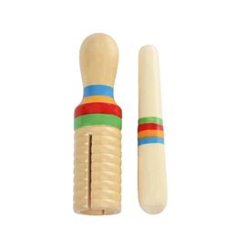 Wooden Musical Instrument Children Kid Toys Sound Tube Small Single-Threaded Ring Percussion Cylinder Croak Frog Barrel