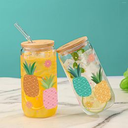 Wine Glasses 1 Piece Cartoon Pineapple And Pattern With Bamboo Lid Glass Straw Cold Drink Bottle Suitable For Summer