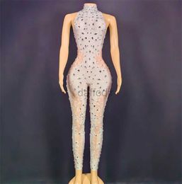 Stage Wear Rhinestones Jumpsuit long Sleeves Stretch Sexy Bodysuit Women Birthday Stage play Celebrate Dress Dancer Party Show qt d240425