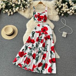 Runway Summer Maxi Skirt Top Suit Two Pieces Womens Outfits Fashion Floral Print Spaghetti Strap Holiday Beach Dress Set M530 240412