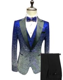Suits Mens Sequin Suit 3 Pieces Shiny Slim Fit Tuxedo Peak Notch Lapel For Party Wedding Groom Banquet Nightclub (Blazer+Vest+Pant)