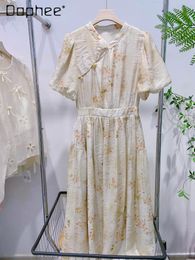 Casual Dresses Elegant Retro Trimming Printing Long Dress For Women 2024 Summer Chinese Style Waist Short Puff Sleeve Femininos