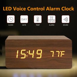 Clocks Wooden Digital LED Alarm Clock Voice Control USB/AAA Powered Electronic Table Clock Multifunction Temperature Desk Watch Decor