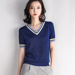 Women's T Shirts V Neck Knit Tops Woman Pullovers Sweaters Summer Fashion Thin Short Sleeve Casual Striped Glitter Wire Femme Slim T-shirt