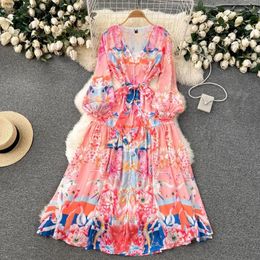 Casual Dresses French Chic Floral Print V-neck Lace-up Femenino Dress Single Breasted A Line Puff Long Sleeve Vestidos Drop