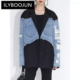 Women's Jackets ILYBOOJUN Colorblock Casual Loose Coats For Women Notched Collar Long Sleeve Spliced Button Temperament Coat Female Fashion