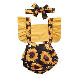 One-Pieces Citgeett Summer Fashion 024M Infant Newborn Baby Girls Sunflower Patchwork Ruffled Sleeve Jumpsuit Headband 2Pcs Set