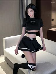 Work Dresses Summer Women's 2024 Sexy Spicy Girl Short Sleeve Round Neck T-shirt Ultra Pleated Skirt Uniform Two Piece Set 3ON1