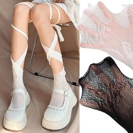Women Socks Y2k Cross Tie Lace Stockings Overknee Bud Silk Bandage Split-toe Girls JK Ribbon Middle Long Tube Fishnet Pantyhose