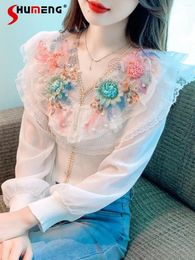 Women's Blouses Fashionable V-neck Knitted Top Women 2024 Spring Blouse Beaded Three-Dimensional Flower Long Sleeve Beautiful