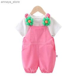 T-shirts New Summer Baby Clothes Suit Children Girls Cute Short Sleeved T-Shirt Overalls 2Pcs/Sets Toddler Casual Costume Kids TracksuitsL2404