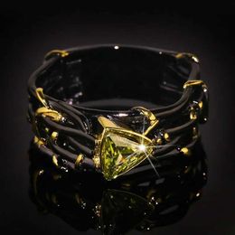 Band Rings Vintage Gothic Black Tree Branch Ring with Bling Yellow Zircon Stone for Women Wedding Engagement Fashion Jewellery H240425