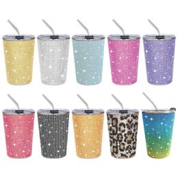 Tumblers 17oz Diamond Inlaid Single-layer Stainless Steel Cup with Lid Portable Outdoor Travel Straw Beverage Beer Car for Gifts 1pcs H240425