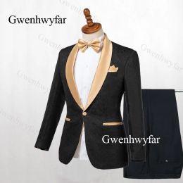 Jackets Gwenhwyfar Black Tuxedo Gold Lapel Blazer 2 Pieces Men Suits Jacquard Suit Tuxedos 2019 For Wedding Men suits ( Jacket+Pants)