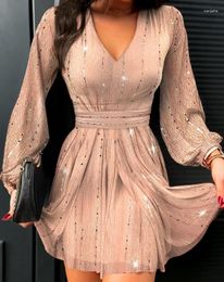 Casual Dresses 2024 Autumn Winter Spring Fashion Sexy Sequin Mesh Lantern Sleeve Dress Elegant Evening Party For Women