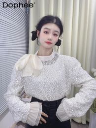 Women's T Shirts Fashion Heavy Industry Rhinestone Beaded Bow Sequined Top Female 2024 Spring Korean Style Ruffle Sleeve Women Clothing