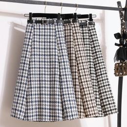Skirts Autumn Winter Houndstooth Plaid Woollen Skirt Women Korea Fashion High Waist A-Line Midi Long And