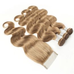 Closure Closure Body Wave Color 8 Ash Blonde 2/3/4 Bundles With 4x4 Closure Free Part Indian Remy Human Hair Weave 95100g/PC Almac