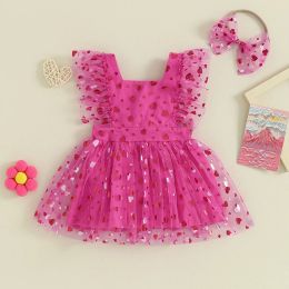 One-Pieces Newborn Baby Girl Princess Romper Dress Heart Print Sleeveless Mesh Tulle Jumpsuit Headband Sunsuit Baby Summer Clothing 018M