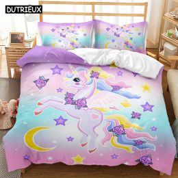sets Hot Sale Cartoon Unicorn Kids Girls Pink 3D Bedding Set Duvet Cover Bedcllothes Animal Printed Queen King Size Home Bed Linens