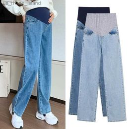Maternity Bottoms 8953# Autumn Fashion Denim Maternity Straight Long Jeans Wide Leg Loose belly Pants Clothes for Pregnant Women Pregnancy CasualL2404