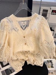 Women's Blouses French Patchwork Hollowed Out Lace Shirt For Women 2024 Summer Puff Sleeve V-Neck Top Chic Leisure Oversized Clothes