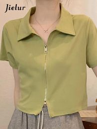 Women's T Shirts Polo Summer French Chic Zipper Female T-shirts Solid Colour Slim Casual Simple Office Ladies Women Blouses Green