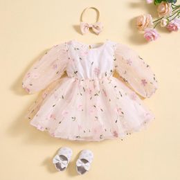 Girl Dresses Princess Baby Girls Flower Embroidery Dress With Headband Tulle Infant A-line Long Sleeve Clothes 2pcs Outfits