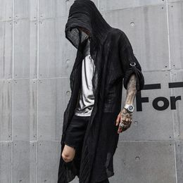 Nightclub DJ singer punk rock hip hop long shirt black hooded cloak cardigan men linen oversize blouse gothic vintage streetwear 240418