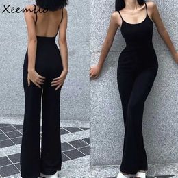 Womens Jumpsuits Rompers Xmilo sexy backless spaghetti shoulder strap jumpsuit for womens summer black tight fitting clothes tight pants holiday womens casual jum