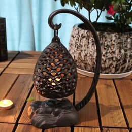 Candle Holders Vintage Rustic Heavy Hollow Pine Cone Design Hanging Lantern Holder With Base Cast Iron Desk Decor Light Up