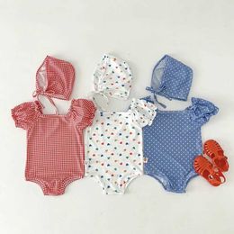 One-Pieces Summer Baby Swimsuit With Swim Cap One Piece Heart Print Girls Swimwear Toddler Swim Beach Clothing H240425