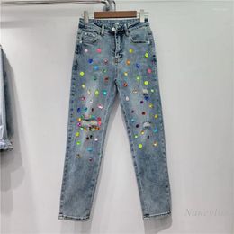 Women's Jeans 2024 Spring Summer Heavy Industry Ripped Diamond Colourful Crystals High Waist Slimming Cropped Straight Pants