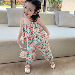 Clothing Sets 2022 Spring/Summer New Girl Set Cute Flower Vest and Mosquito proof Pants Childrens Clothing Set Fashion Childrens Clothing Q240425