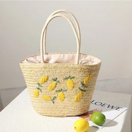 Shoulder Bags Summer Casual Straw Women Lemon Embroidery Handbag Fashion Handmade Vacation Beach Ladies Tote Bag Big Purses