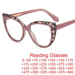 Lenses Unique Rhinestones Cat Eye Glasses Frame Women Brand Designer Pink Leopard Computer Reading Eyeglasses Tr90 Female Oculos +2 +4