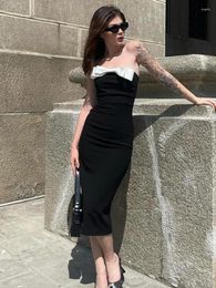 Casual Dresses TARUXY Black Splice Bow Long Dress Women Sexy Slit Bodycon Off Shoulder Lady Wedding Elegant Party Evening Femme