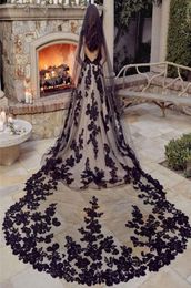 Unique Black 3M Cathedral Beaded Wedding Veils Lace Appliqued Edge Soft Tulle One Layer Long Bridal Veil With Comb Gothic Marriage3184892
