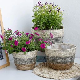 Baskets Handmade Woven Planter Basket Straw Rattan Storage Basket Flower Pot Desktop Container Seagrass Flowerpot Home Garden Decoration