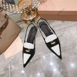 New Women Low Heel Shoes Pointed Leather High Heels Gold Coin Style Color Clash Women Shoes Pointed Toe Middle Heel Business Banquet high heels