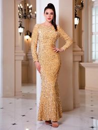 Casual Dresses Gold Sequined Floor Length Night Dress Full Sleeved Bodycon Stretchy Evening Prom Party