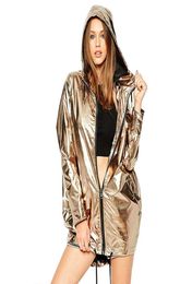 women spring and autumn jacket longsleeved gold PVC raincoat zipper punk unisex waterproof Drawstring Sequin Coat Waterproof Oute9551175