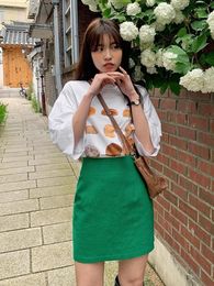 Work Dresses GkyocQ Korean Chic Women Two Piece Sets Fashion Printed White Short Sleeve T-shirt High Waist Slim A Line Green Skirt Suit