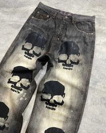 Men's Pants Gothic punk skull graphic print oversized high waist jeans for women y2k baggy hip hop streetwear couple straight wide leg pants d240425