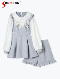 Work Dresses Japanese Style Sweet Dress Suit 2024 Spring Cute Doll Collar Long Sleeve Ultra Short And Pants Two Pieces Set