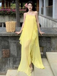 Casual Dresses 2024 Summer Yellow Elegant Halter Backless Ruffle Edge Long Dress Women Sleeveless Beach Vacation Irregular Sundress